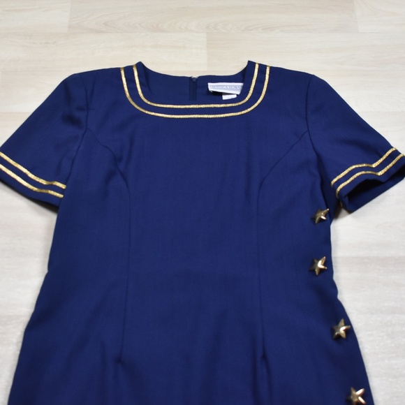80s Jessica Howard LSheath Dress Navy Blue Gold Stars Americana 14 VTG - Picture 2 of 8